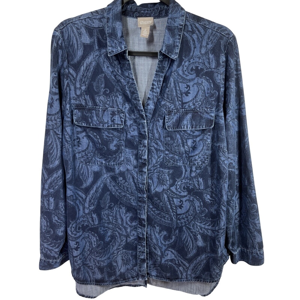 Chicos Paisley Lyocell Split-Back Button-Down Shirt‎ Size 2 Large Blue